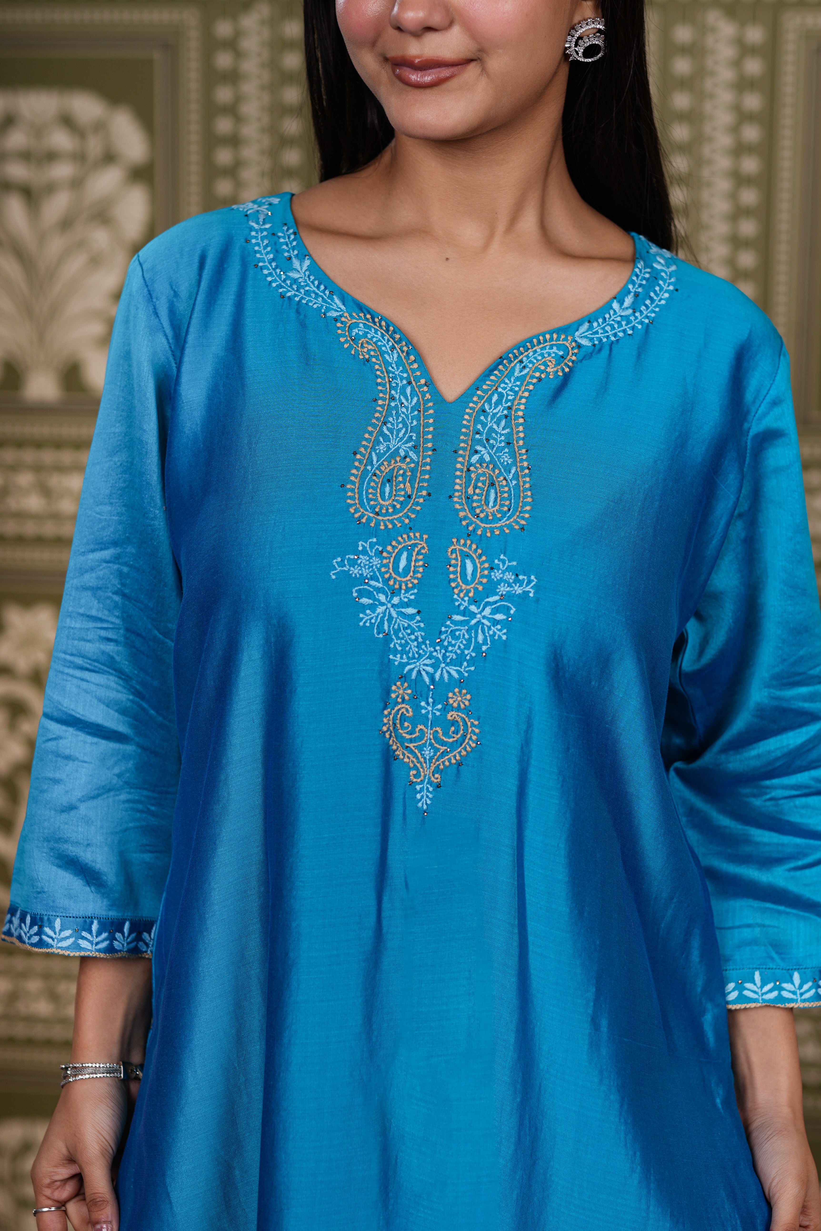 Azure Blue Chanderi Silk Straight Kurti