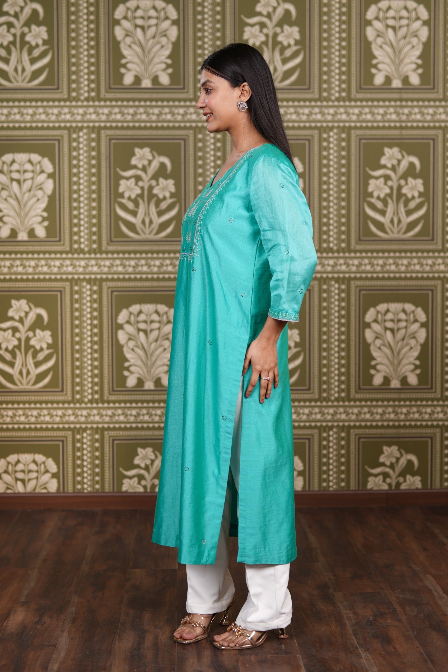 Turquoise Chanderi Silk Straight Kurti