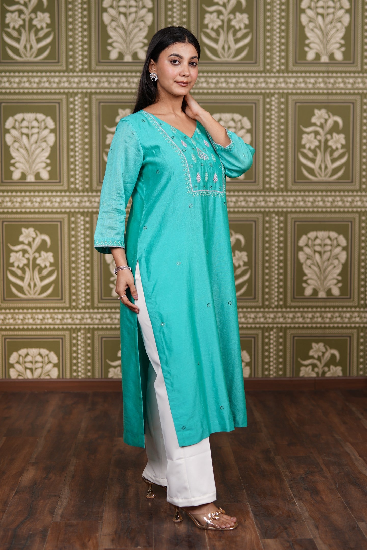 Turquoise Chanderi Silk Straight Kurti