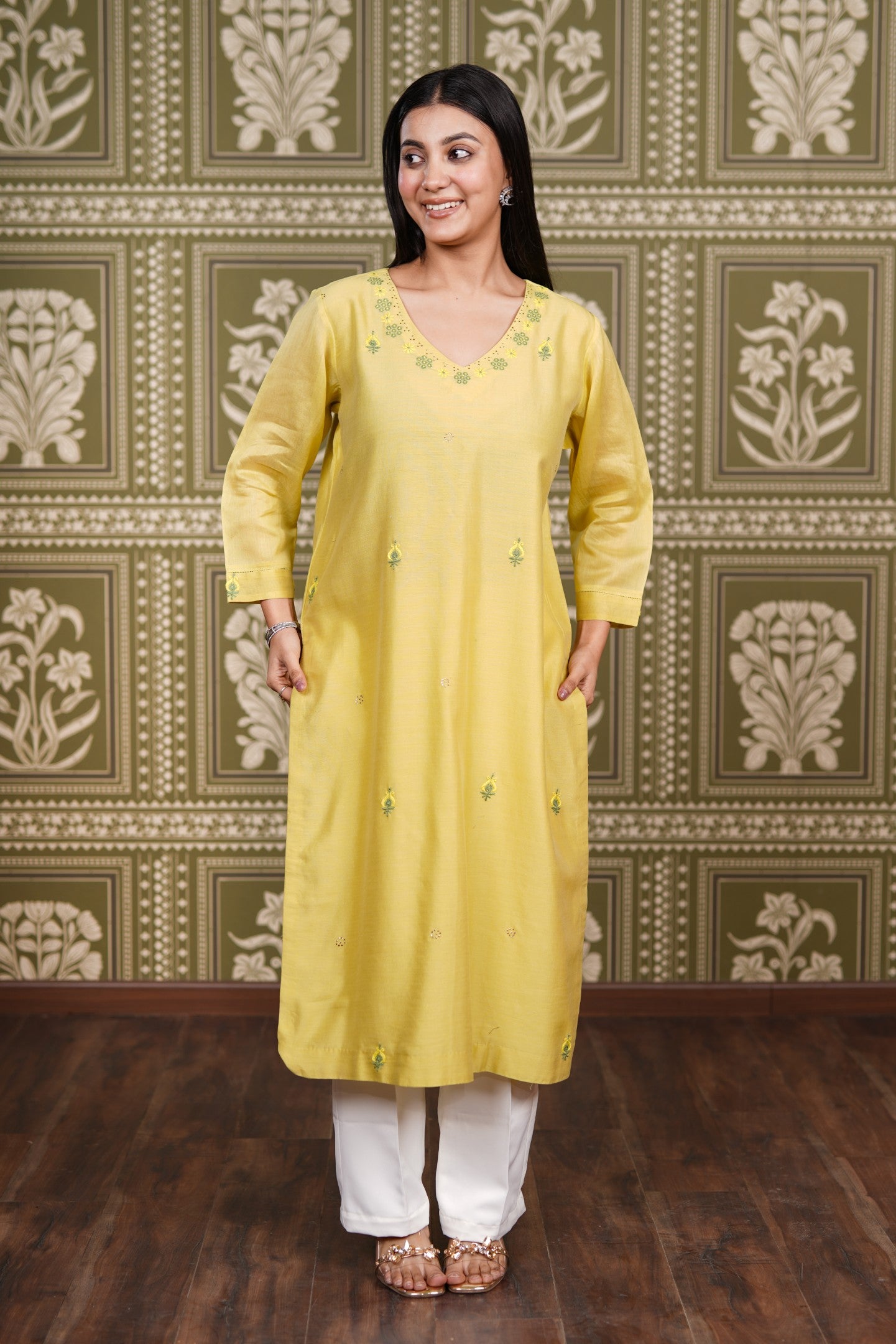 Yellow Chanderi Silk Straight Kurti