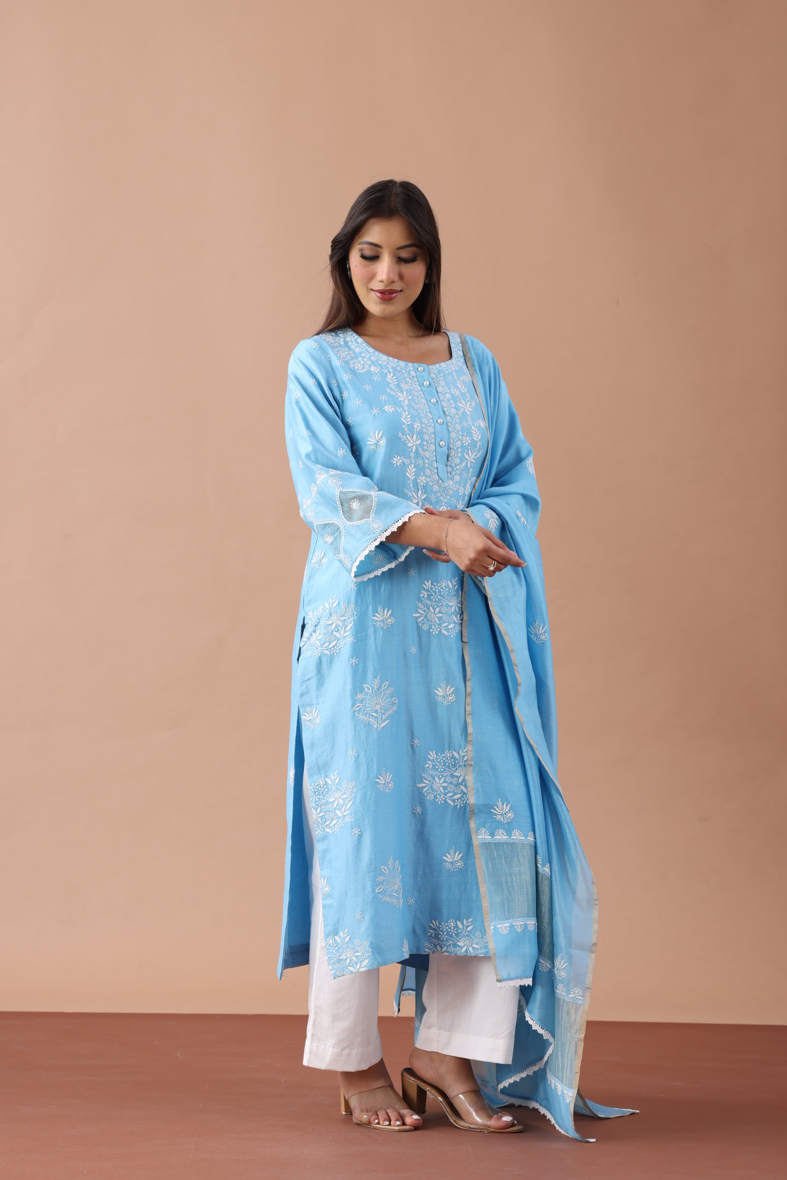 Blue Chanderi Silk Straight Set