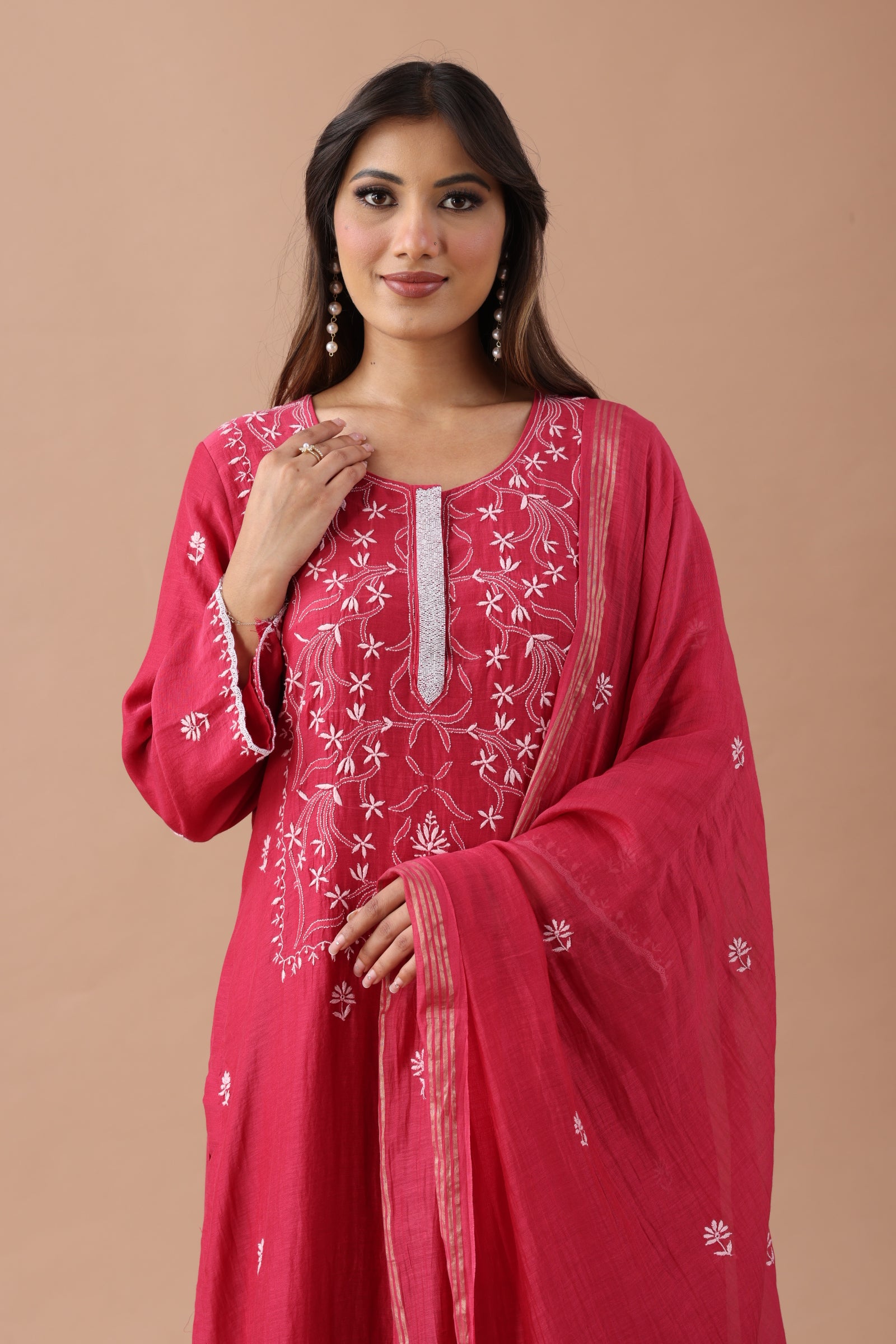 Raspberry Mul Chanderi Straight Set