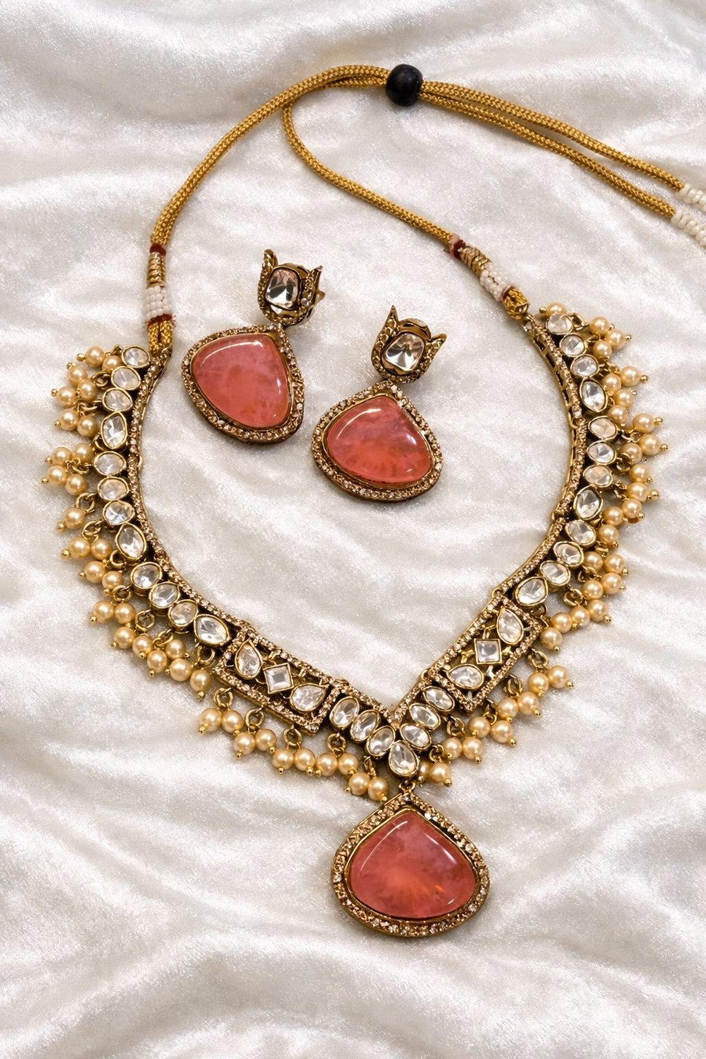 Royal Blush Pink Victorian Necklace Set with Pearls